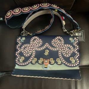 Fendi Kan Navy Blue Scalloped Floral Embellished Shoulder Bag with Pink Accents